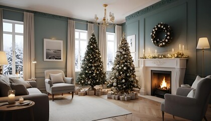 Fototapeta premium A luxurious living room decorated for Christmas. The room has a high ceiling with a chandelier hanging from it.