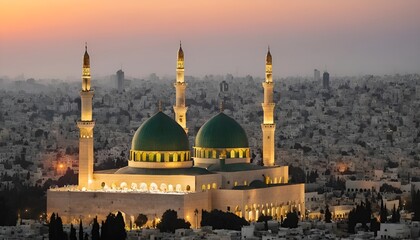 view of a mosque with a golden dome and two minarets.