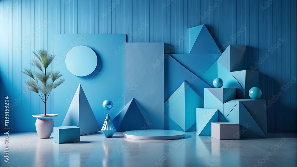 Poster simple blue background with broken geometric forms creating abstract landscape photography for moder