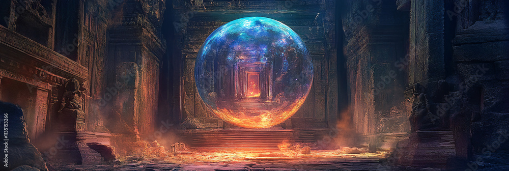 Poster a mysterious, enchanted mirror floating in the middle of an ancient temple, reflecting a world fille