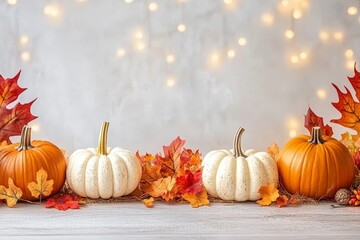 Vibrant Autumn Scene with Colorful Pumpkins and Leaves Surrounded by Twinkling Lights for Cozy Seasonal Decor and Festive Celebrations