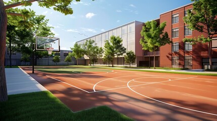 Naklejka premium Schoolyard with a basketball court and grassy areas 