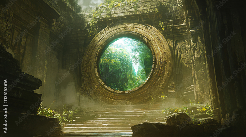 Poster a mysterious, enchanted mirror floating in the middle of an ancient temple, reflecting a world fille