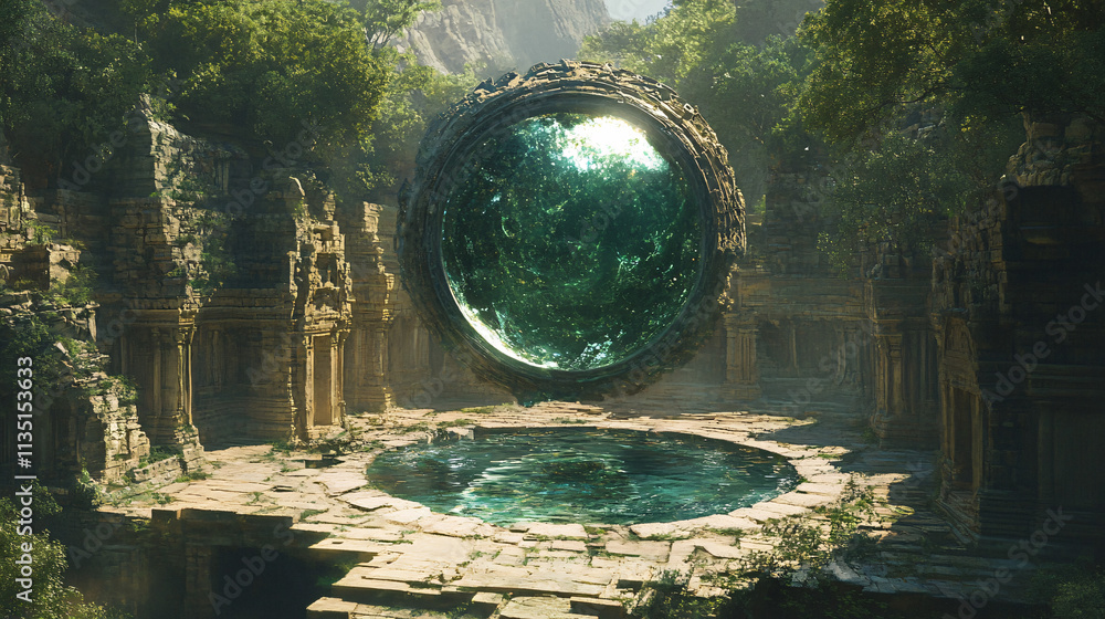 Poster a mysterious, enchanted mirror floating in the middle of an ancient temple, reflecting a world fille