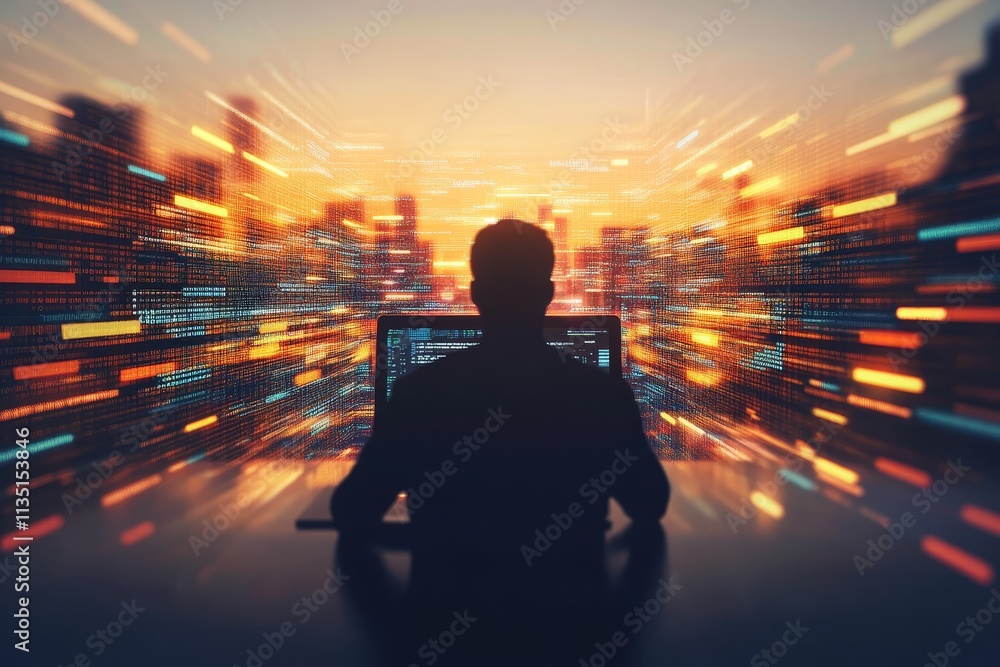 Poster silhouette of a focused individual working late at night in front of a computer, surrounded by a dyn