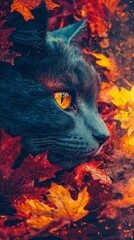 A close-up of a cat's face amidst vibrant autumn leaves.