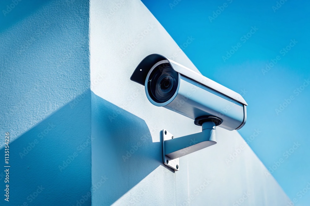 Poster sleek modern security camera on white wall emphasizing minimalist design and functionality in contem