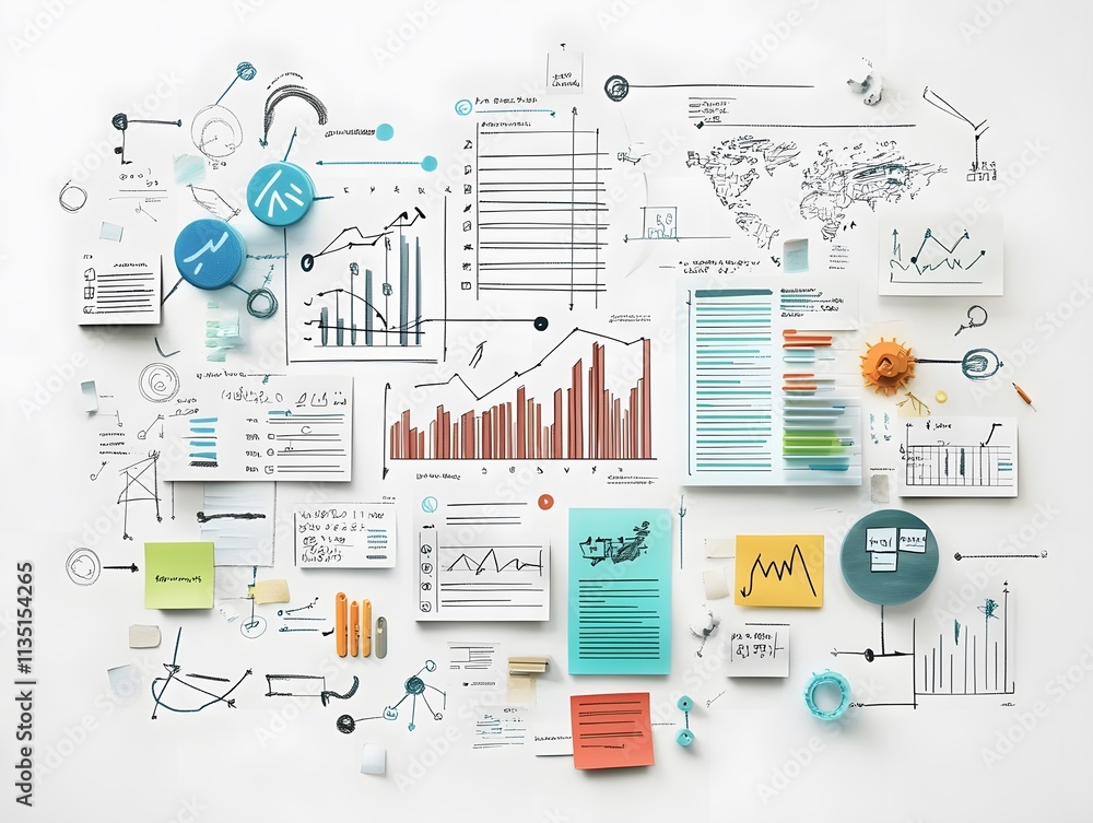 Poster a vibrant collection of graphs, charts, and notes showcasing data analysis. the layout blends colors