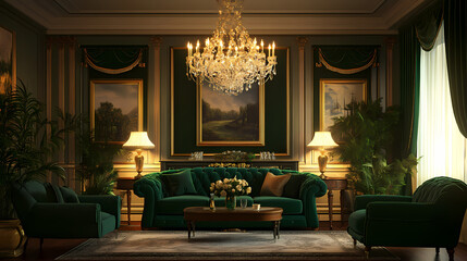 Elegant living room with green velvet furniture and a luxurious chandelier. Velvet. Illustration