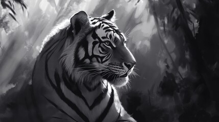 Obraz premium Majestic tiger in monochrome forest setting.