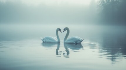 Fototapeta premium Two swans gracefully face each other on a misty lake, creating a serene and romantic scene.