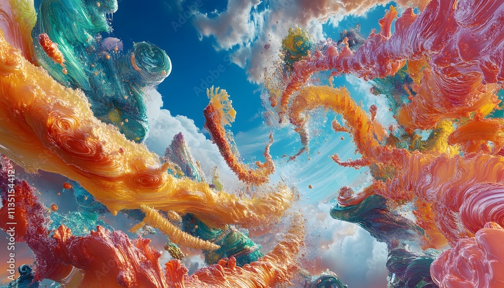 Poster a vibrant display of swirling colors and dynamic forms creates a dreamlike atmosphere against a brig