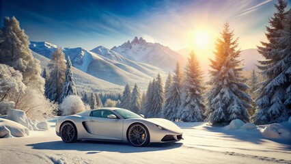 Sleek White Sports Car on a Snowy Landscape with Majestic Mountains in the Background, Captured in Panoramic Photography Style for a Winter Wonderland Experience