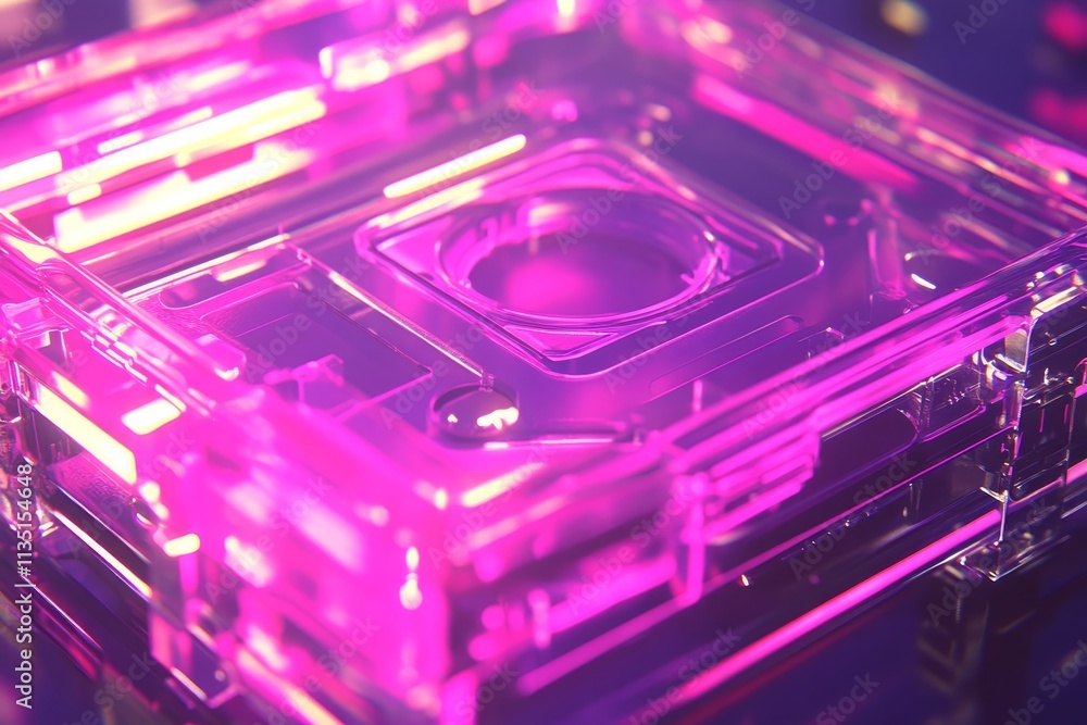 Poster Abstract close-up of a vibrant pink transparent object with a smooth surface and illuminated edges, showcasing intricate details and reflections against a dark background.