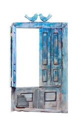 Old wooden rough open door with peeled paint, isolated on white background.