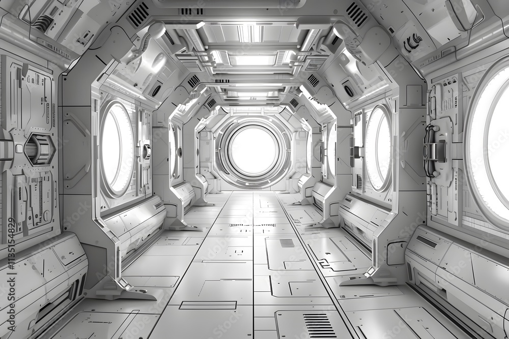 Poster futuristic space corridor with circular windows and sleek design