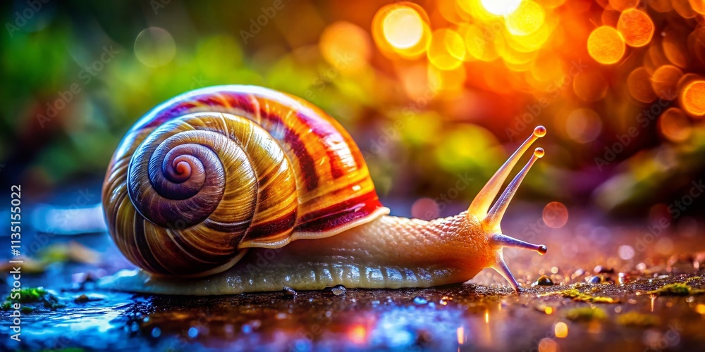 Poster snail crawling fast in time lapse with copy space: a close-up of helix pomatia on a leaf against a s