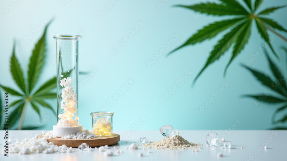 Poster a lab setting with a clear beaker filled with a substance labeled 