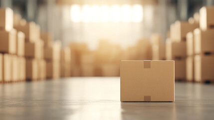 Warehouse with stacked cardboard boxes bathed in warm light, ready for shipping and distribution.
