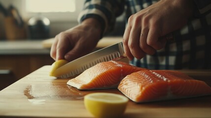 Man preparing salmon fillets with a knife and lemon