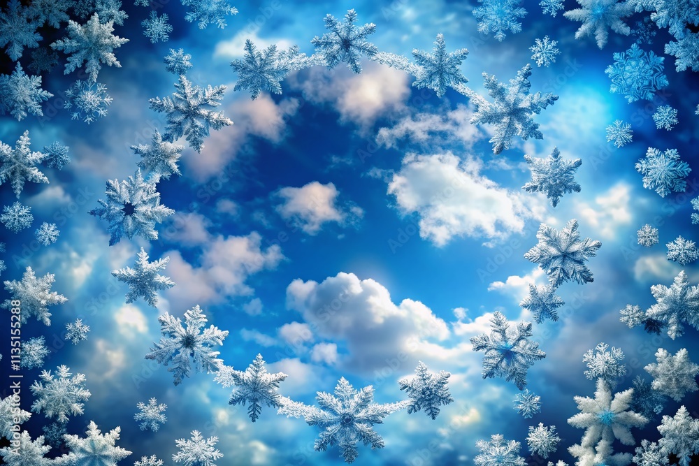Poster snowflake rotation frame with snow on blue sky, 4k loop featuring moving clouds and rotating snowfla