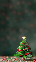 Fototapeta premium Adorned Christmas Tree with Red Garlands - New Year Festive Background, Card, Greetings, Christmas, Phone Wallpaper