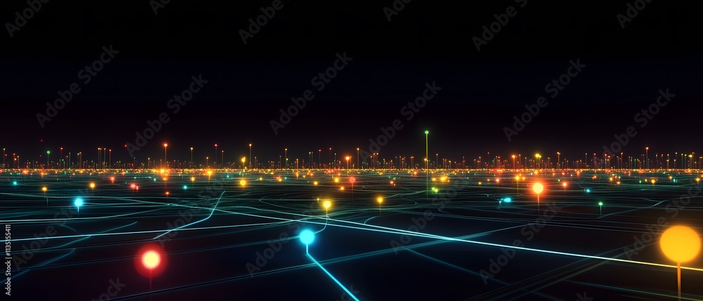 Poster An abstract digital landscape showcasing illuminated nodes and interconnected lines against a dark backdrop, representing advanced technology and data visualization concepts.