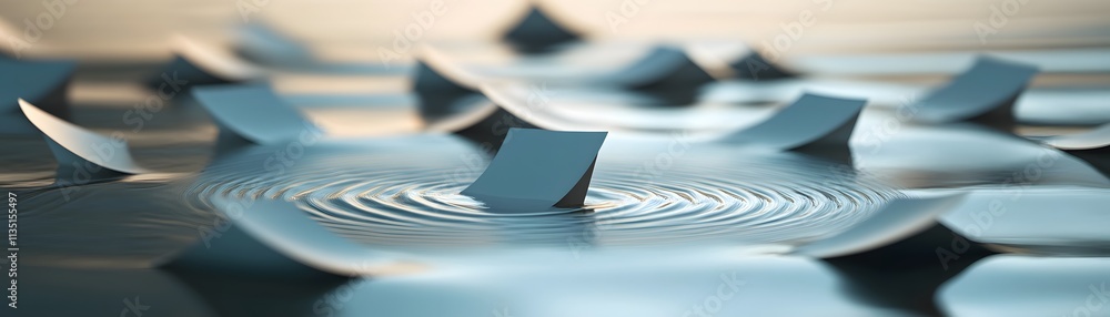 Poster an abstract image showcasing ripples in water with floating paper-like shapes creating a mesmerizing