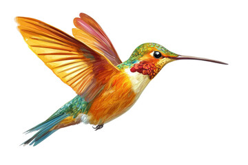 A vibrant hummingbird in mid-flight, showcasing its colorful plumage and elongated beak.