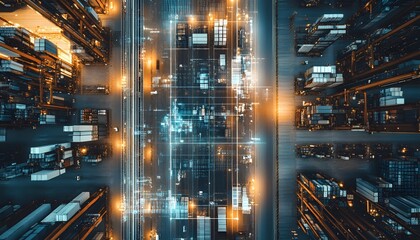 Aerial view of a modern industrial facility, showcasing illuminated warehouses and advanced logistics systems, highlighting the intersection of technology and transportation.