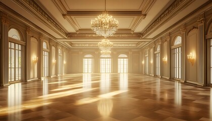 Fototapeta premium An elegant, spacious interior showcasing ornate chandeliers and polished wooden floors