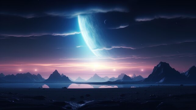 A breathtaking landscape of an alien planet at twilight, featuring towering mountain ranges silhouetted against a colorful sky. A massive planet looms prominently in the background, casting an etherea