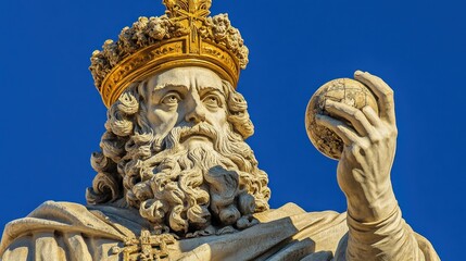 Fototapeta premium Close-up of a regal statue of a king, wearing a golden crown and holding a globe, against a clear blue sky.