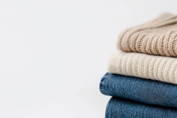 Stacked sweaters and jeans on a neutral background.