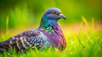 Speckled Rock Pigeon Resting in a Lush Grass Meadow Under Soft Natural Light, Capturing the Serenity and Beauty of Nature in a Calm Outdoor Setting
