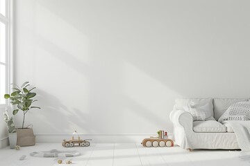 3d render of interior of child room with white wall and white bed