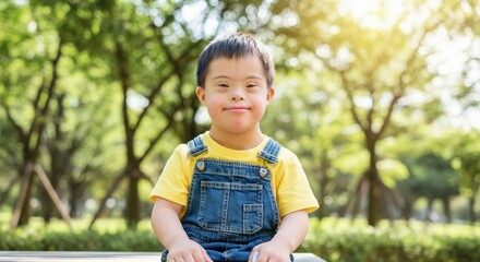 Young boy with down syndrome smiling in sunlit park setting