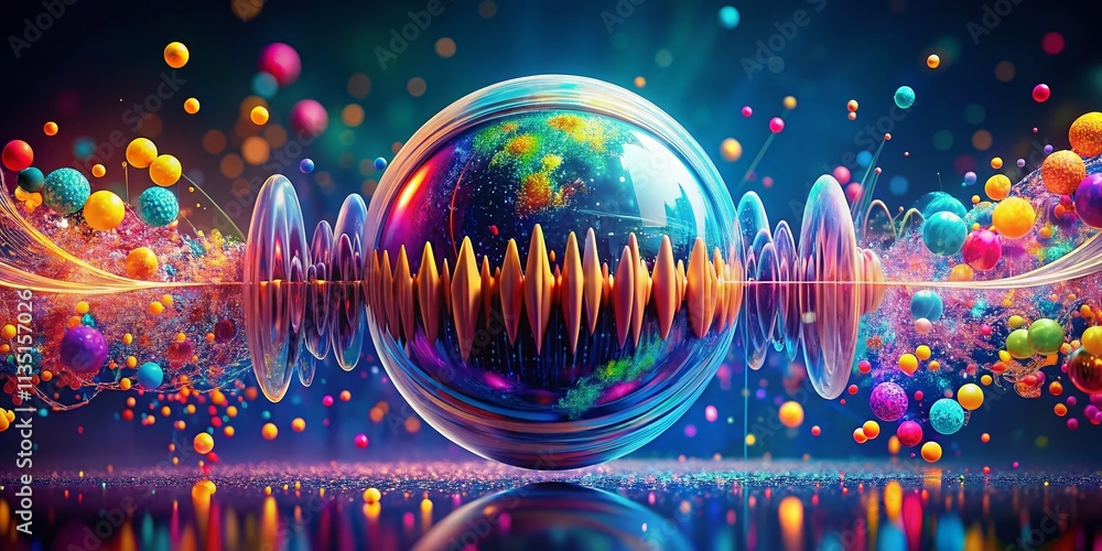 Poster spherical equalizer: a visual representation of music waves and sound particles in 3d, showcasing vi