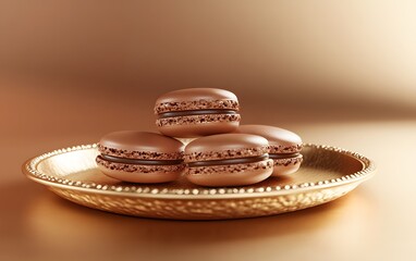 Delicious chocolate macarons stacked elegantly on a decorative golden plate, showcasing their rich texture and appealing color