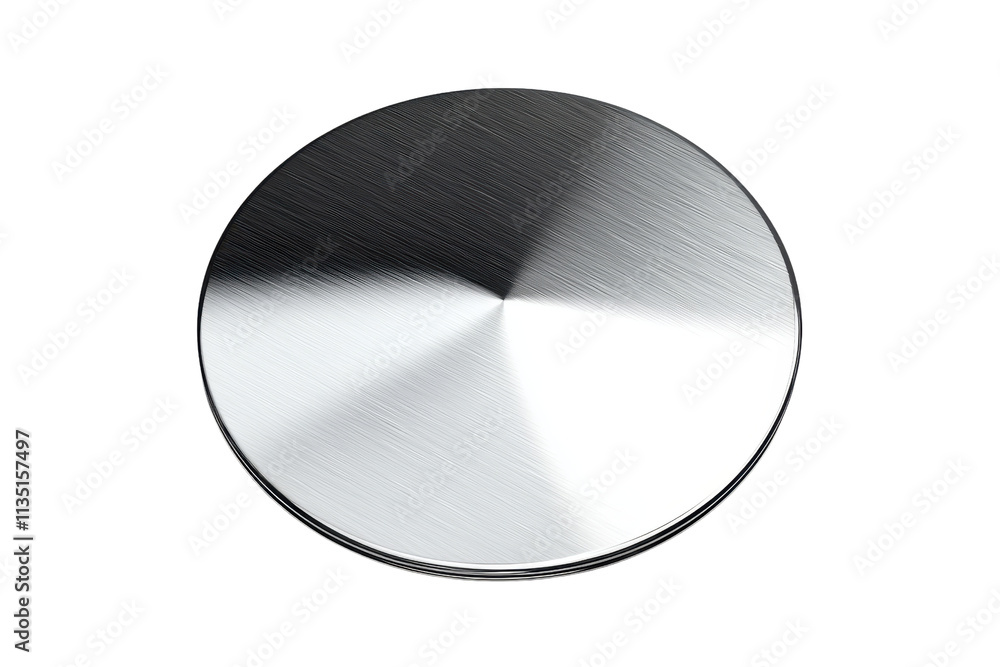 Poster a polished circular metal disc with a reflective surface, showcasing a gradient of light and shadow 