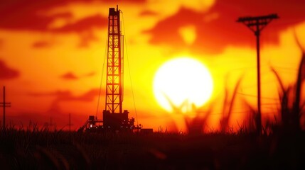 Obraz premium Sunset Over Oil Rig with Silhouette and Dramatic Sky Colors