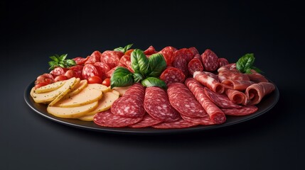 Obraz premium photography, assortment, variety, slice of food, food, food and drink, delicatessen, snack, variation, meat, salami, plate, horizontal