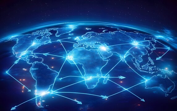 Fototapeta Digital illustration of a connected world map showcasing global networking and communication. Bright lines and nodes visualize data exchange and technological reach.