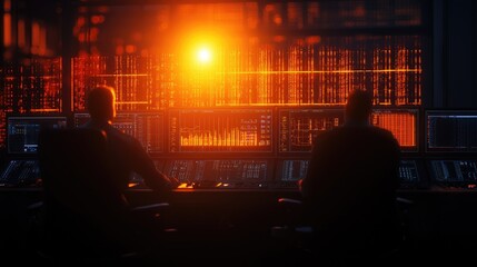 Glow of Data Analysis in Dark Room with Two Operators at Work