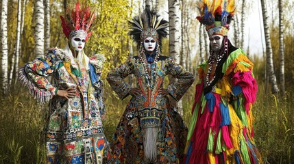 Fototapeta premium Three fashion models in elaborate, colorful, tribal-inspired costumes, posing amidst autumn foliage.