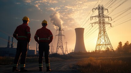 Obraz premium Workers in Safety Gear Observe Power Plant at Sunset
