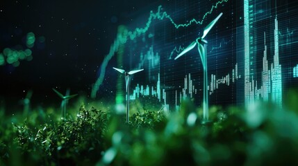 Green Energy Concept with Wind Turbines and Digital Chart Background