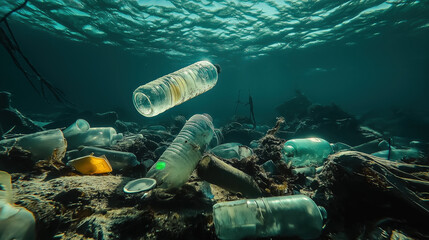 Ocean Pollution, Underwater Pollution, Plastic Waste In The Environment Pollution,Woman Hands Holding Earth Symboling Safe The Earth From Pollution.