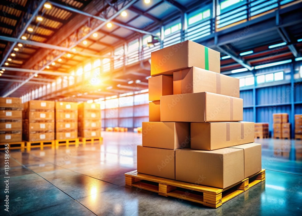Poster stack of cardboard parcels ready for pickup by courier in a warehouse environment with open space fo
