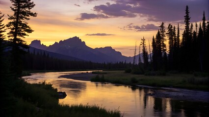 Fototapeta premium Serene Mountain Landscape with a Calm River and Autumn Colors